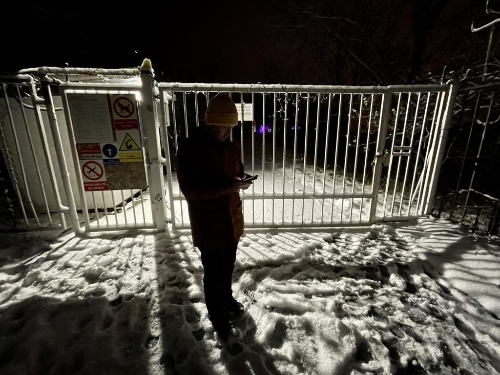 Charlie standing in front of a fence on a very snowy day, in the dark