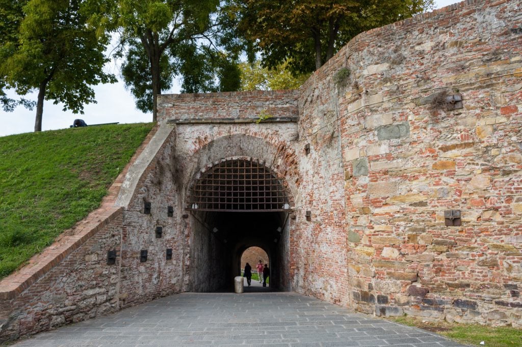 The outside of the Lucca City Walls with the gate open