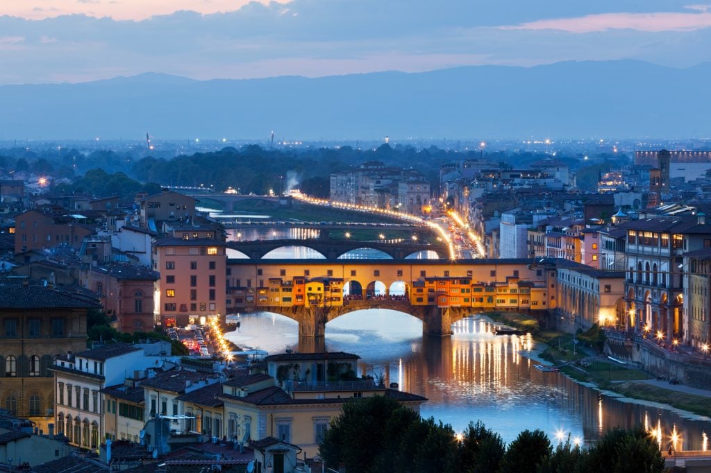 Aerial view of Ponte Vecchio Italy in the evening