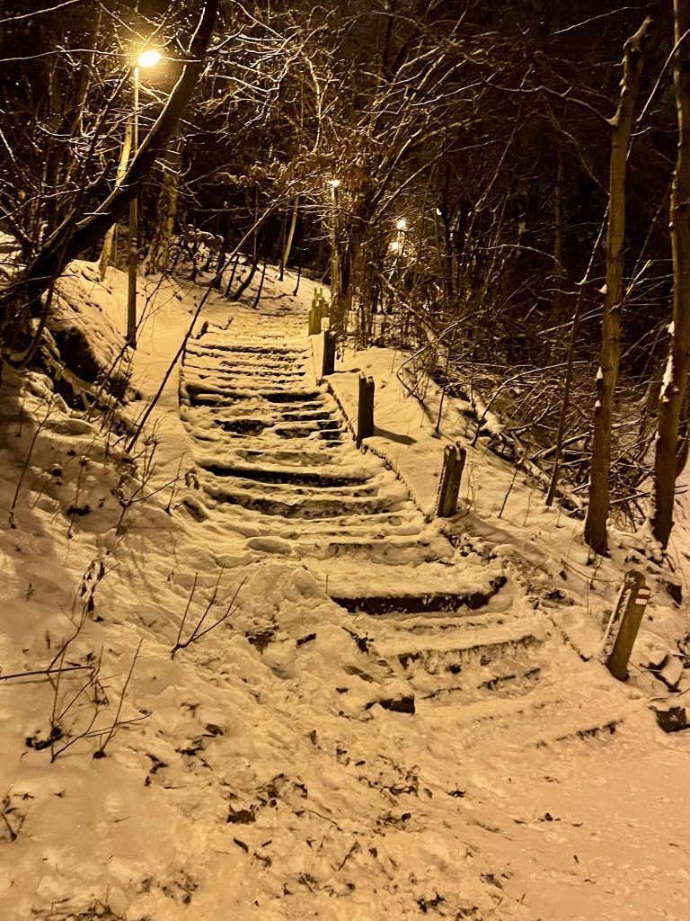 A staircase covered with deep snow, in the dark.