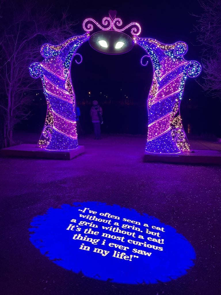 A dark park with a lit-up arch creating the shape of the outline of the Cheshire Cat from Alice in Wonderland, its two eyes gleaming.