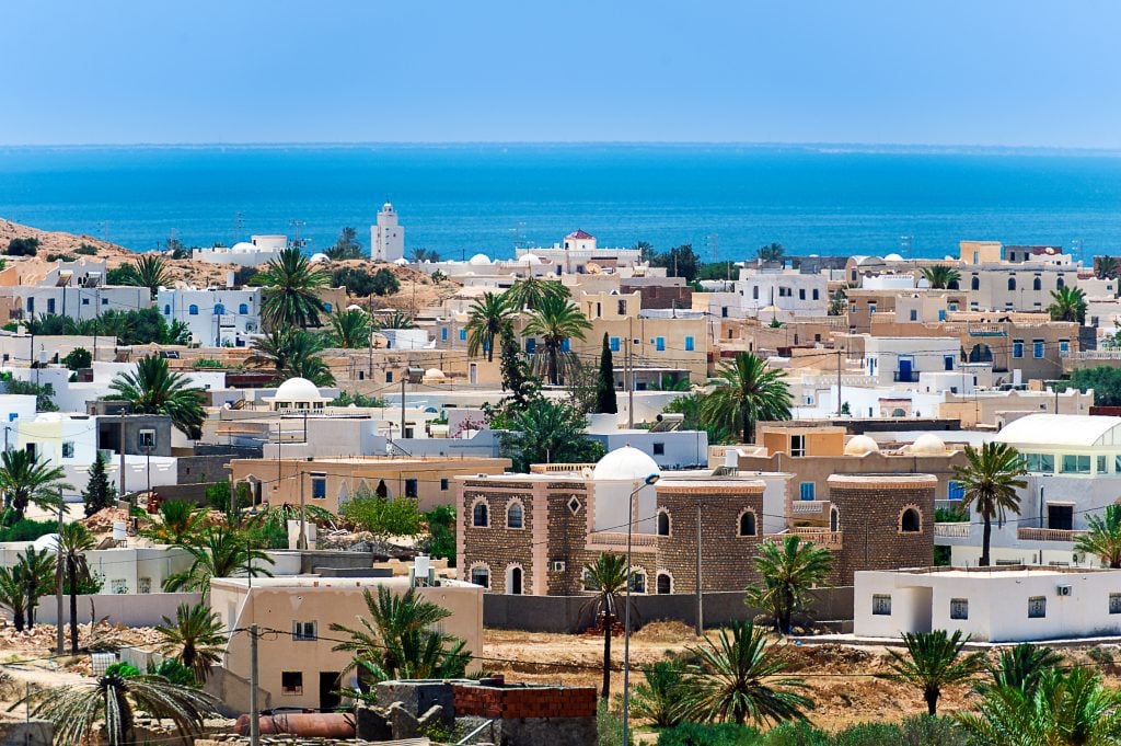 Aerial view of Djerba, a must-visit Mediterranean Island, with the sea in the background