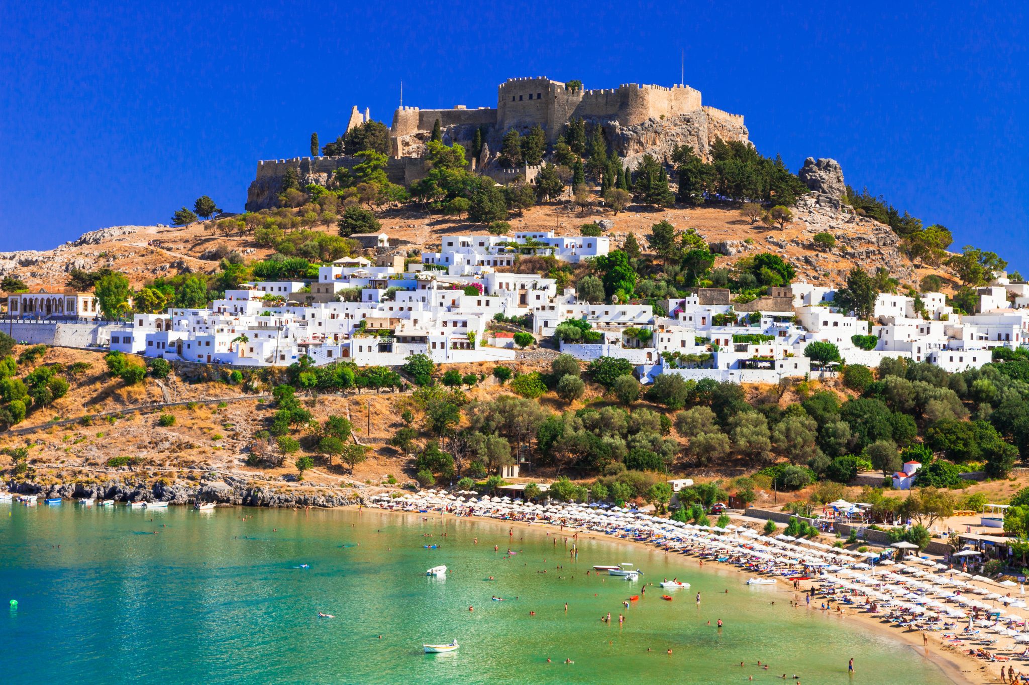 High angle view of traditional white washed houses on a Greek