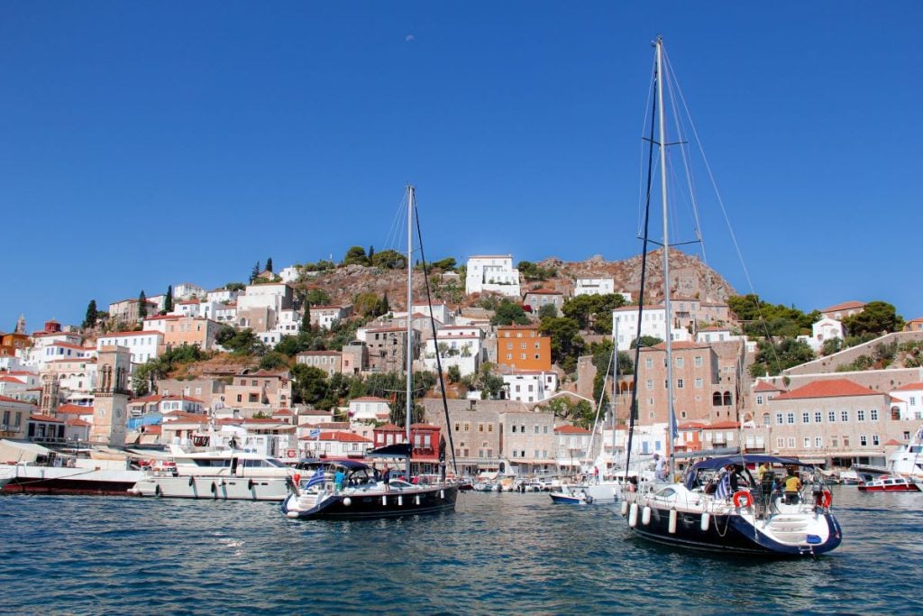 Boats in the bay of Hydra, Greece