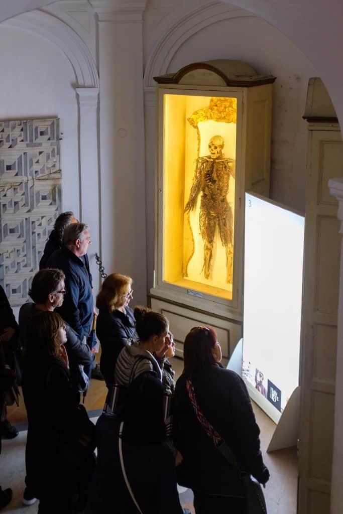 People in a museum staring at a skeleton illuminated in gold light.