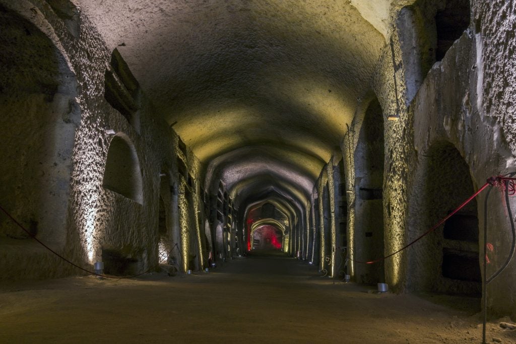 A dark basement path with openings for body storage on each side.