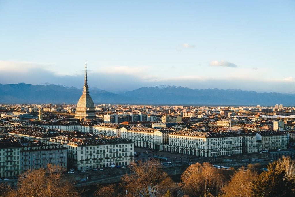 Aerial view of the skyline of Torino Italy