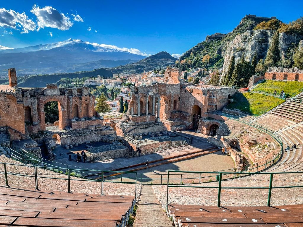 Aerial view of ruins in Taormina, one of the best places to visit in Sicily
