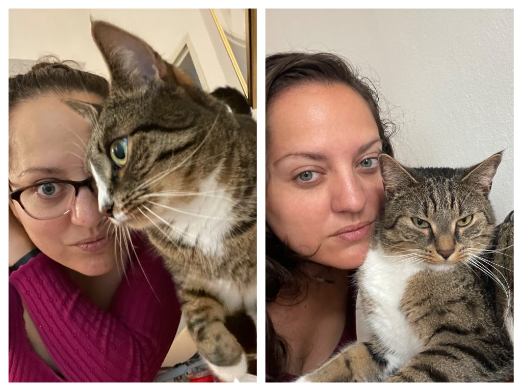 Two pics of Kate and a cat: in the first one she and Lewis the cat have wide eyes at the camera. In the second she and Murray squint similarly at the camera.
