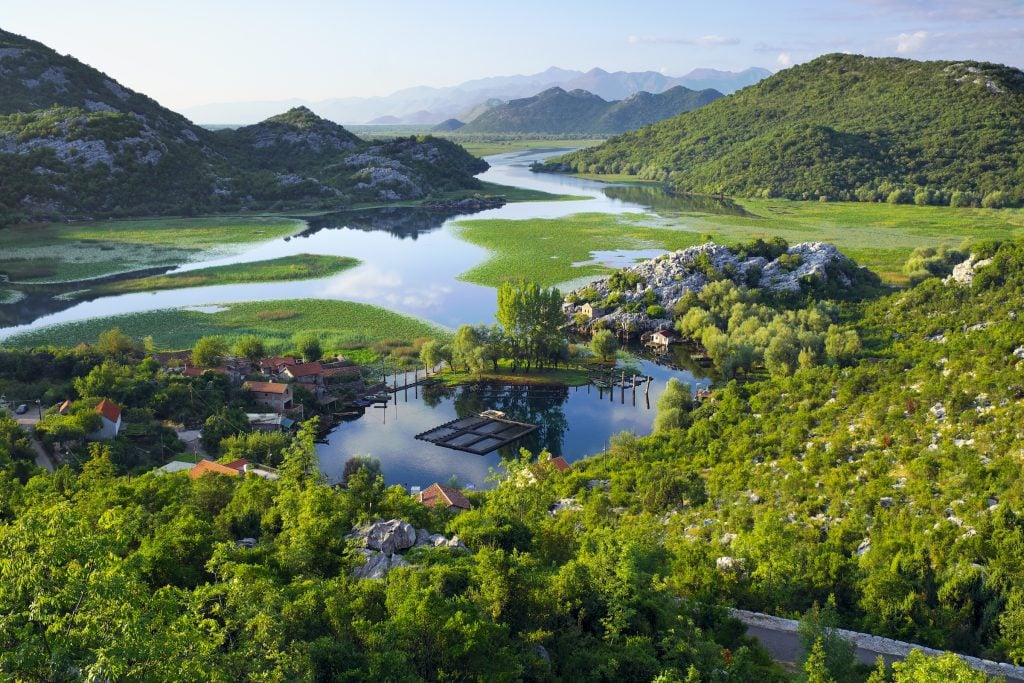 A landscape of lake, mountains, and wetlands with lots of water lilies.