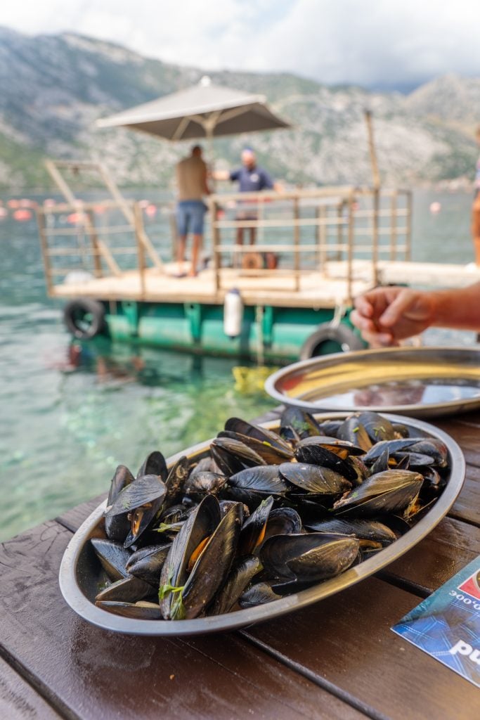 A big plate of mussels overlooking the still Green Bay and a few fishermen working on a dock.