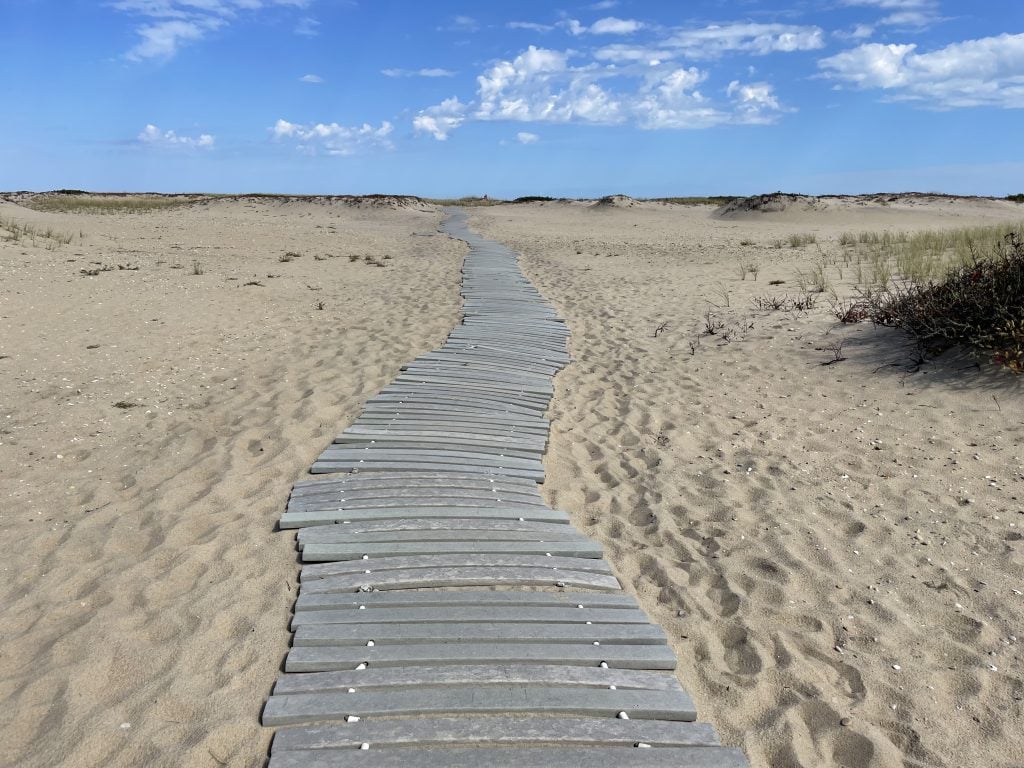 A pathway of wooden boards on the sand on Chappaquiddick Island.