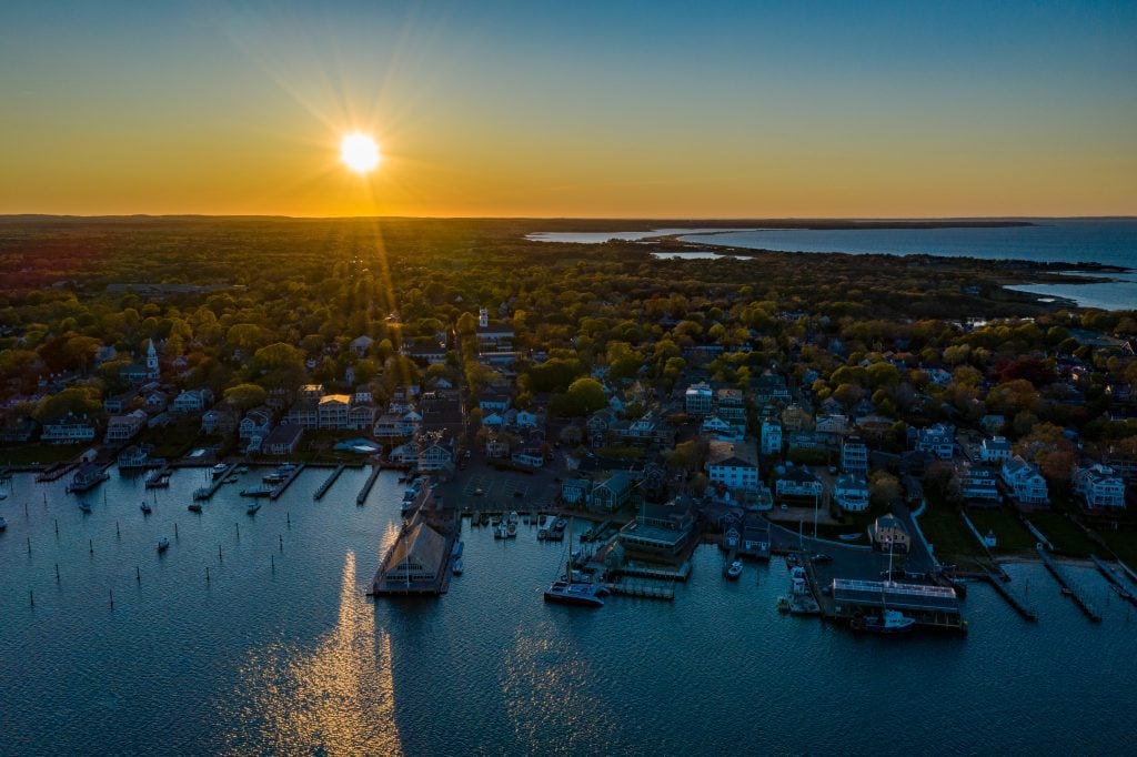 An aerial shot of the sunset over the quaint seaside town of Edgartown.