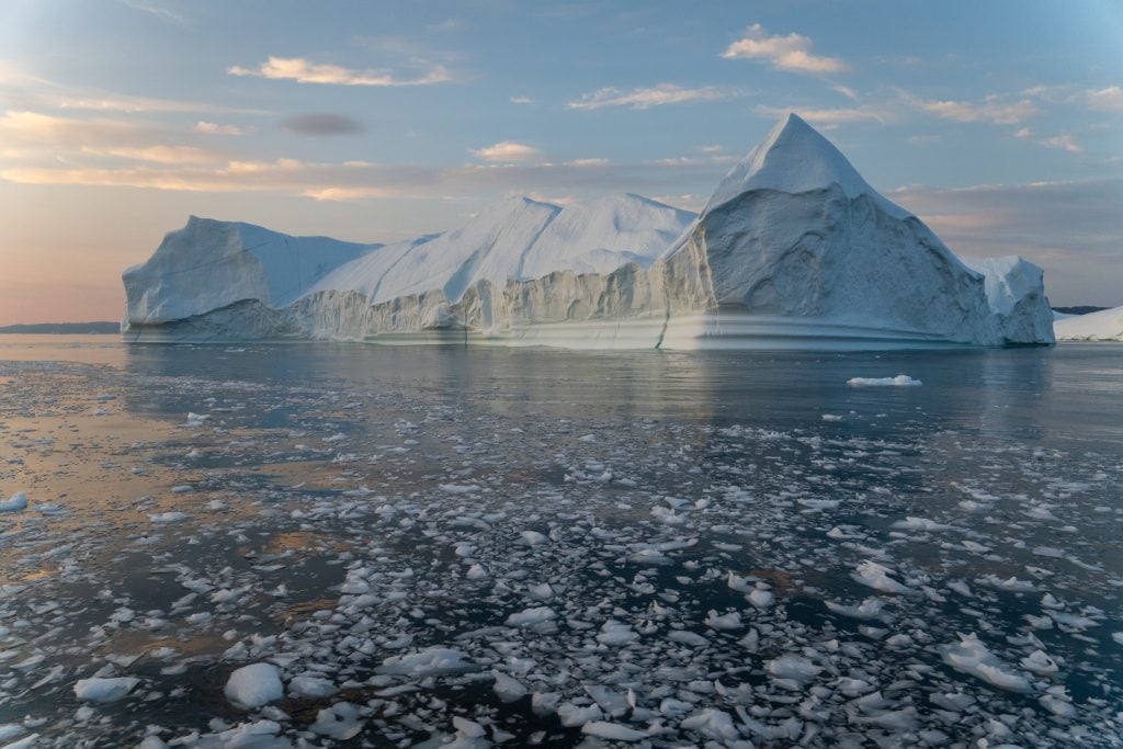 An iceberg in the pink-blue light near sunset, with several small ice shards in the water in front of it.