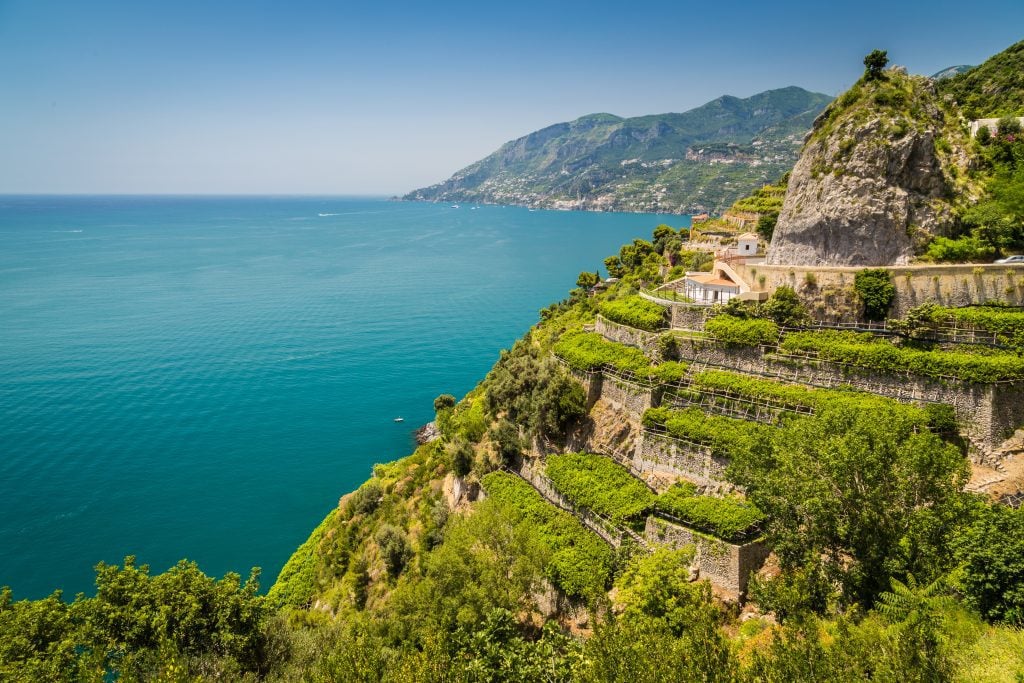 Jagged wine terraces cut into the mountains in Ischia, overlooking the sea.
