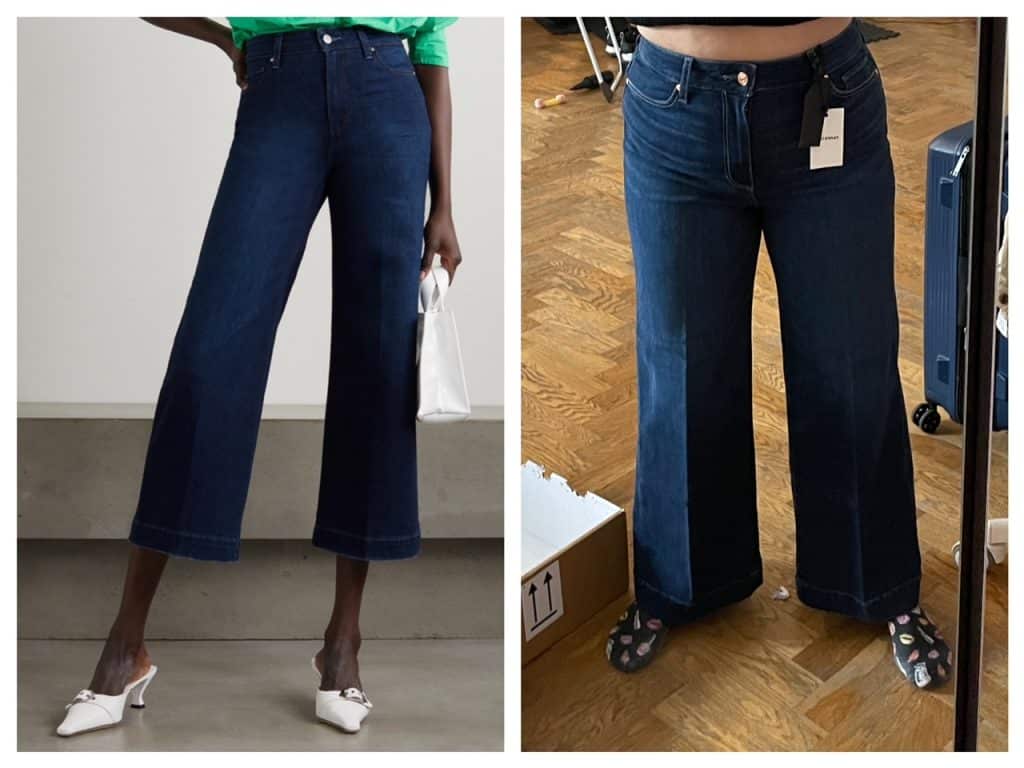 Two pairs of legs wearing the same jeans. The first pair is on a tall Black model, where the jeans hit mid-calf. On the right is short Kate, where the jeans go to her ankles.