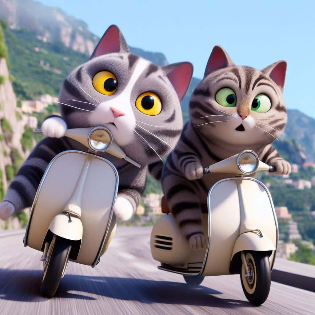 A Pixar-like cartoon with gray cats that look just like Lewis and Murray riding vespas side by side on the Amalfi Coast, Italy!