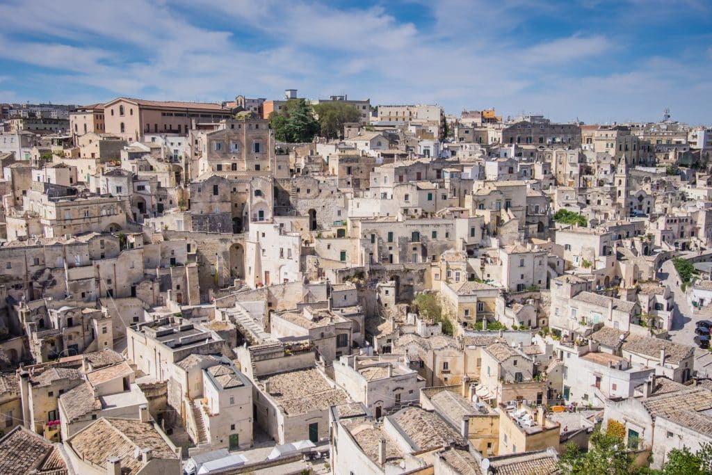 Layers upon layers of square stone buildings in the city of Matera.