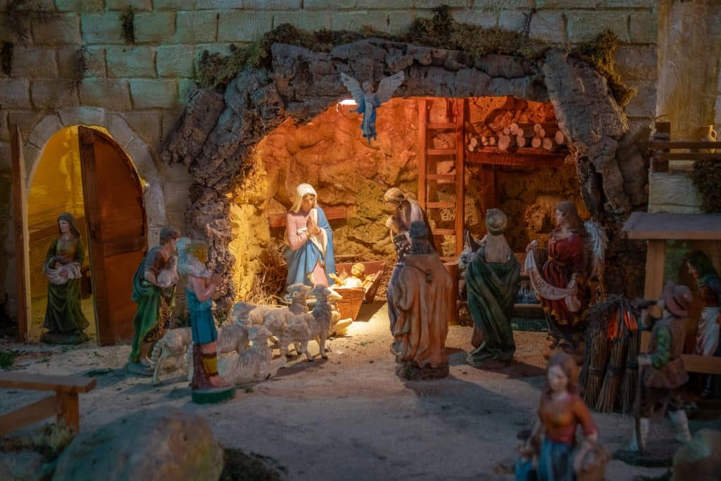 Figurines in a nativity scene on display in Bari, Italy.