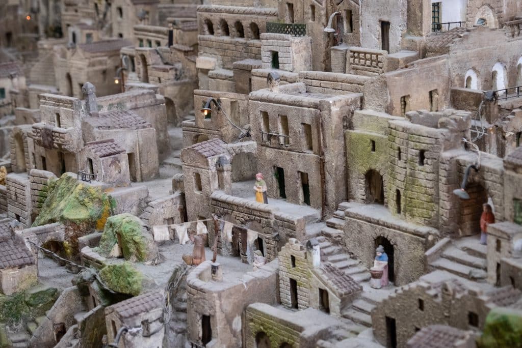 A close up of a tiny model of the cave homes of Matera maybe 1000 years ago.