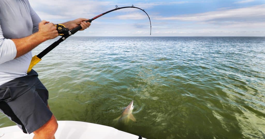 A man fishing off a boat, a strong fish caught by his pole. The fish is so strong it's bending the fishing pole.