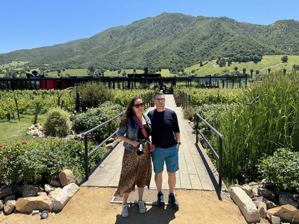 Kate and Charlie standing in a vineyard, a mountain behind them.