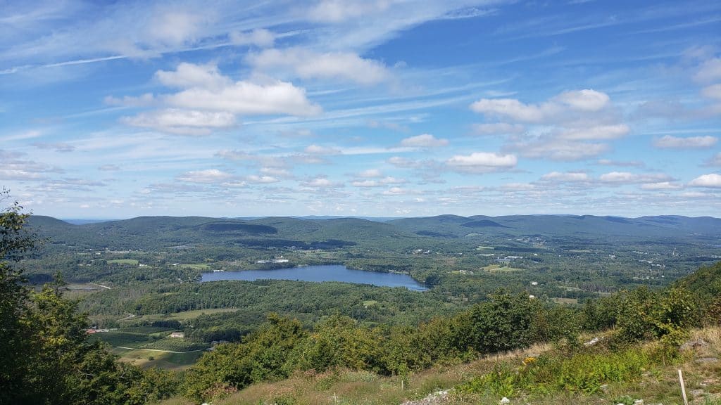 View of the forested countryside from above, with a lake in the middle.