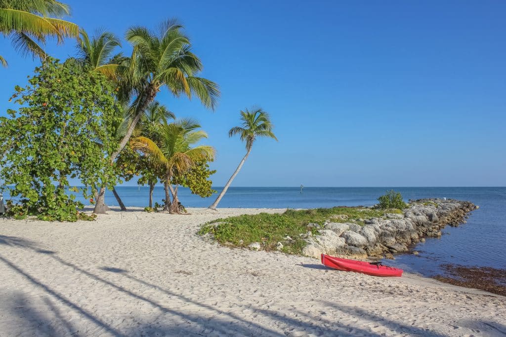 A sandy beach edged with palm trees in Key West, a red kayak on the beach.