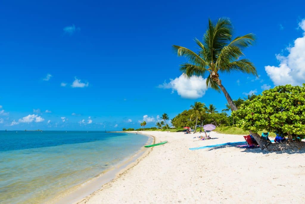 A very soft, white sand beach with a palm tree and a few people sunbathing, facing bright blue water.