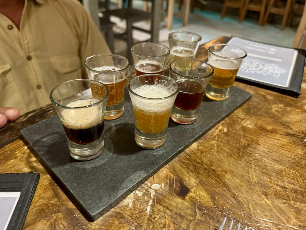 A bartender holding a sampler platter filled with seven different taster samples of beer.