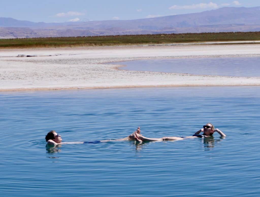 Two people floating in a bright blue salty lake in the desert.