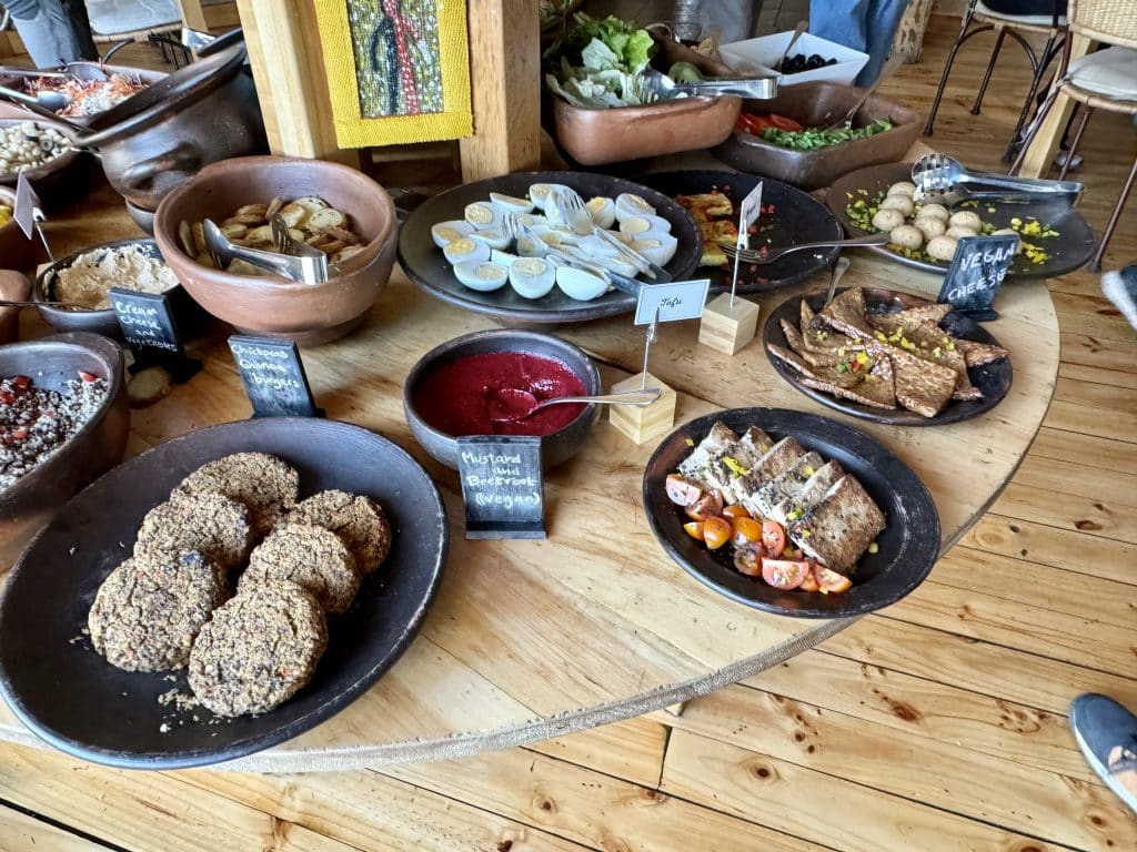 A table covered with the lunch buffet items: quinoa patties, hard-boiled eggs, tofu, vegan cheeses, and salad.