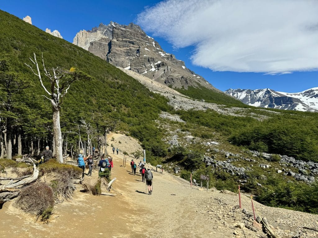 Hikers walking up a dirt path into another forest, a mountain behind them.