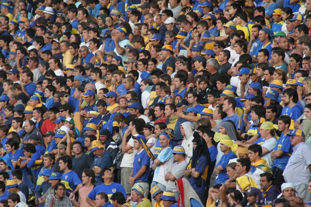 A huge crowd in a football stadium of fans dressed in yellow and blue.