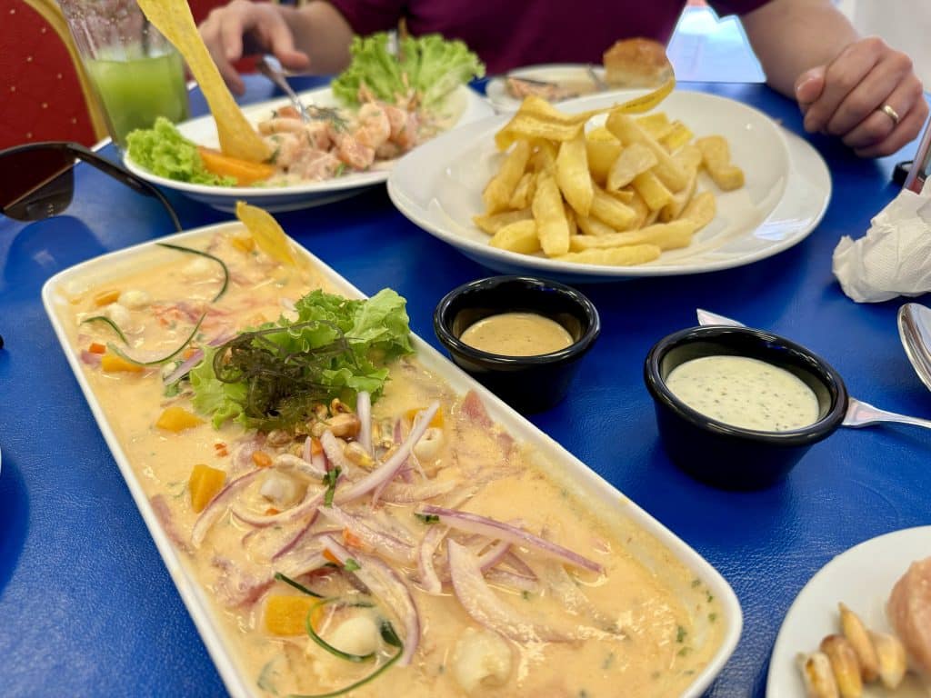 A big plate of ceviche, with a bowl of fried plantains in the background.