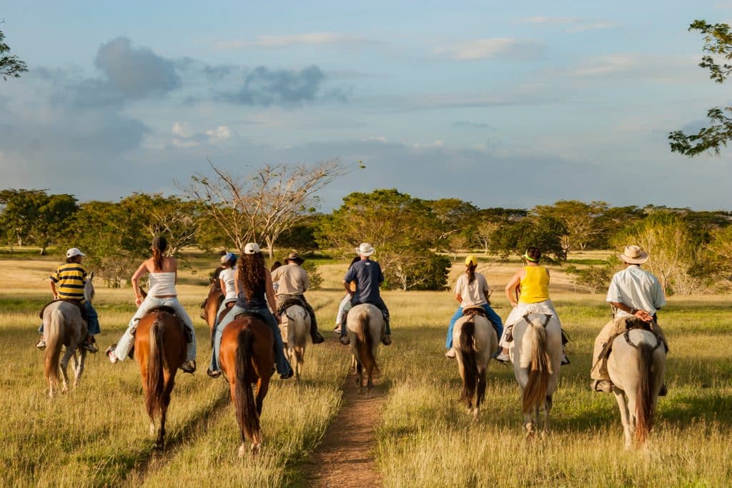 A group of people riding horses, shot from behind. They're riding through grassland underneath a slightly cloudy blue sky.