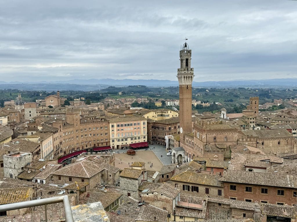 The skyline of Siena, a city of brown buildings and roofs, and a big piazza with a tall brick tower in the middle.