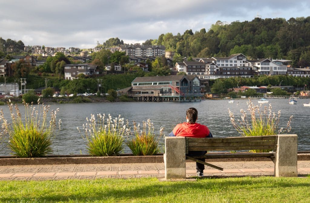 A man sitting on a bench in the town of Puerto Varas. Flowers bloom on the park around him, while in the distance you can see houses built into the lakeside hills.
