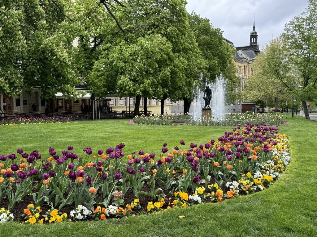 A garden with a row of purple and orange flowers, set among grass, and a fountain in the background.