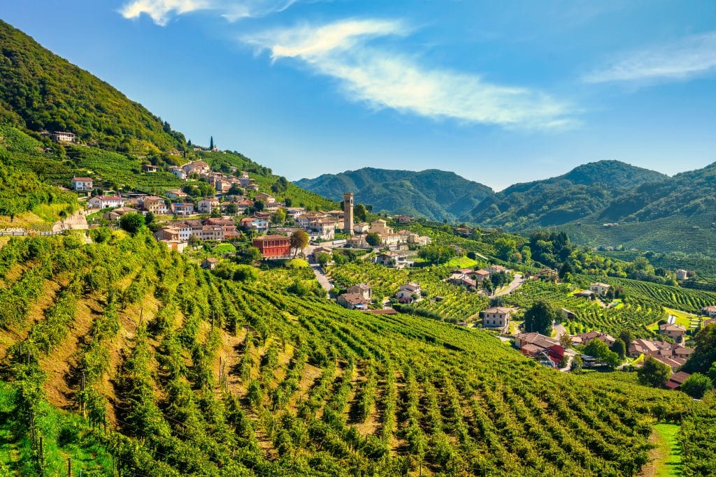 Rolling green hills with vineyards on them, and tiny stone villages tucked between the vineyards.