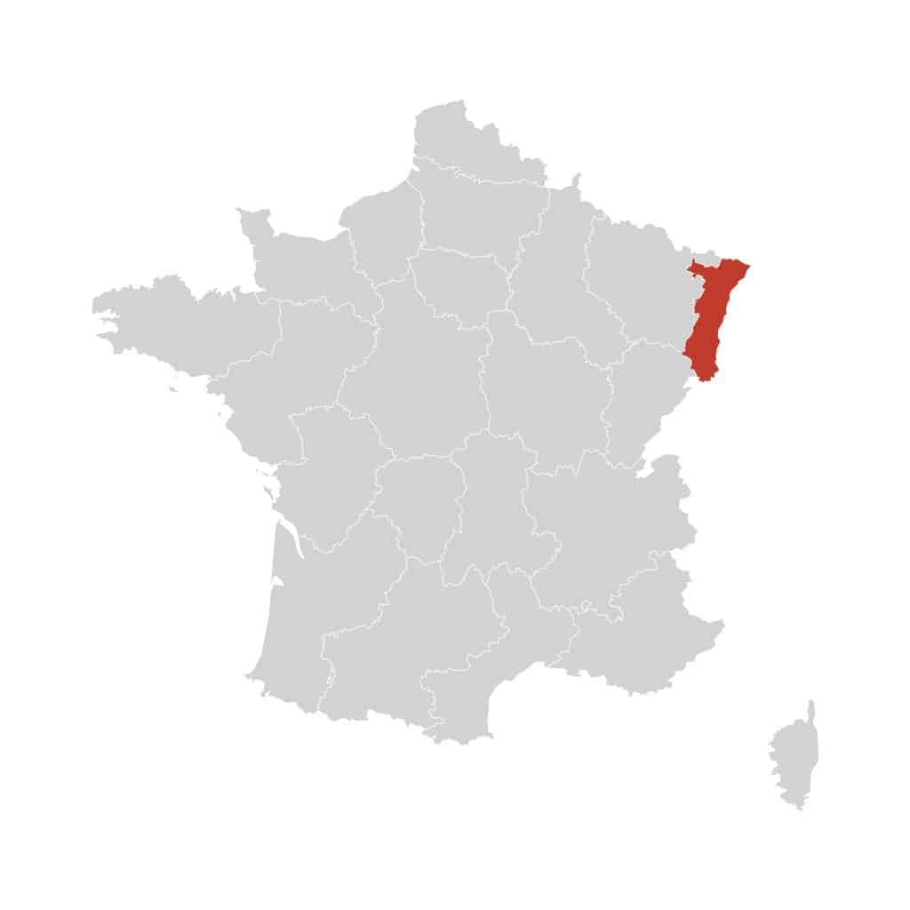 A map of France with the region of Alsace, a tiny region in the northeast of the country, highlighted in red.