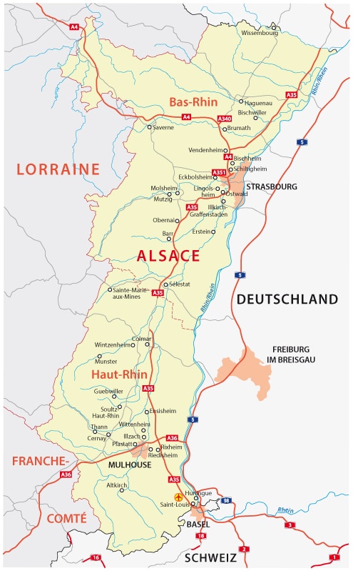 A road map of the Alsace region of France with a tiny corridor of towns running from North to South.