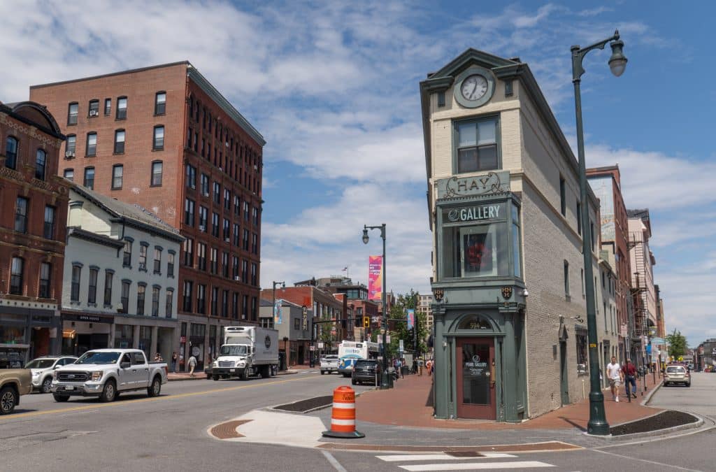A narrow building between two streets in Portland, Maine.