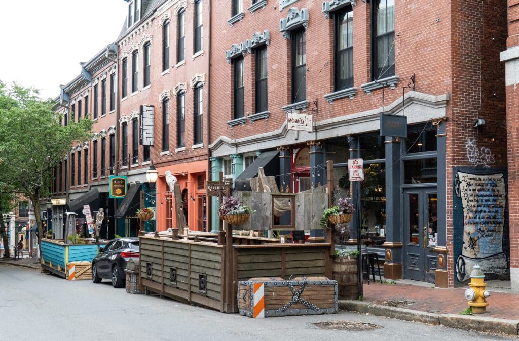 Red brick lanes in Portland Maine with lots of cool shops.