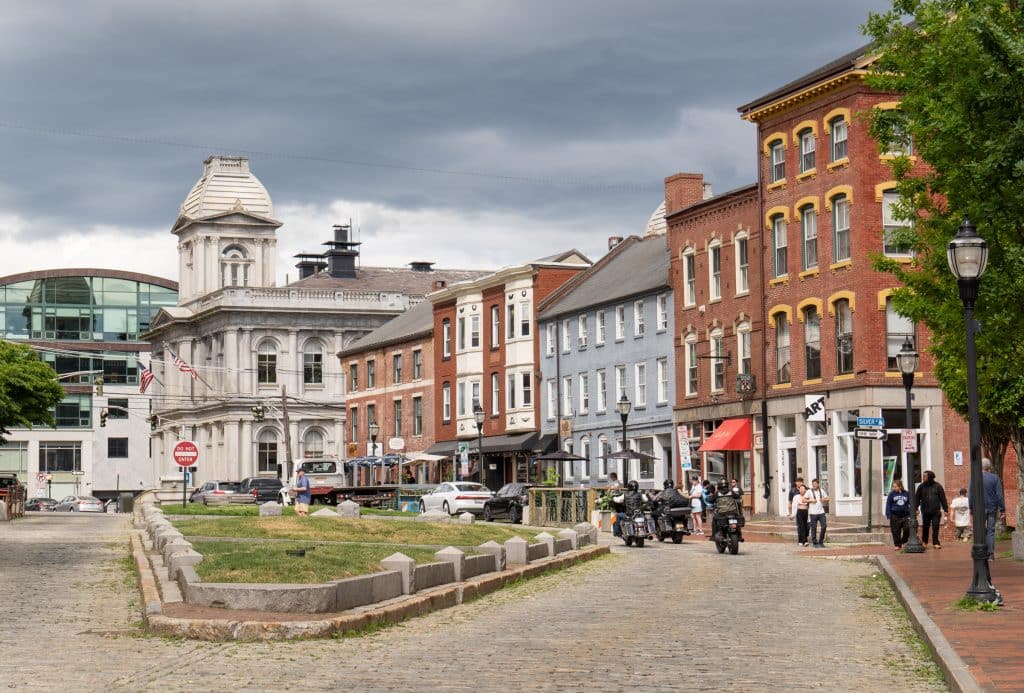 Old-fashioned wooden buildings in a row in Portland, Maine