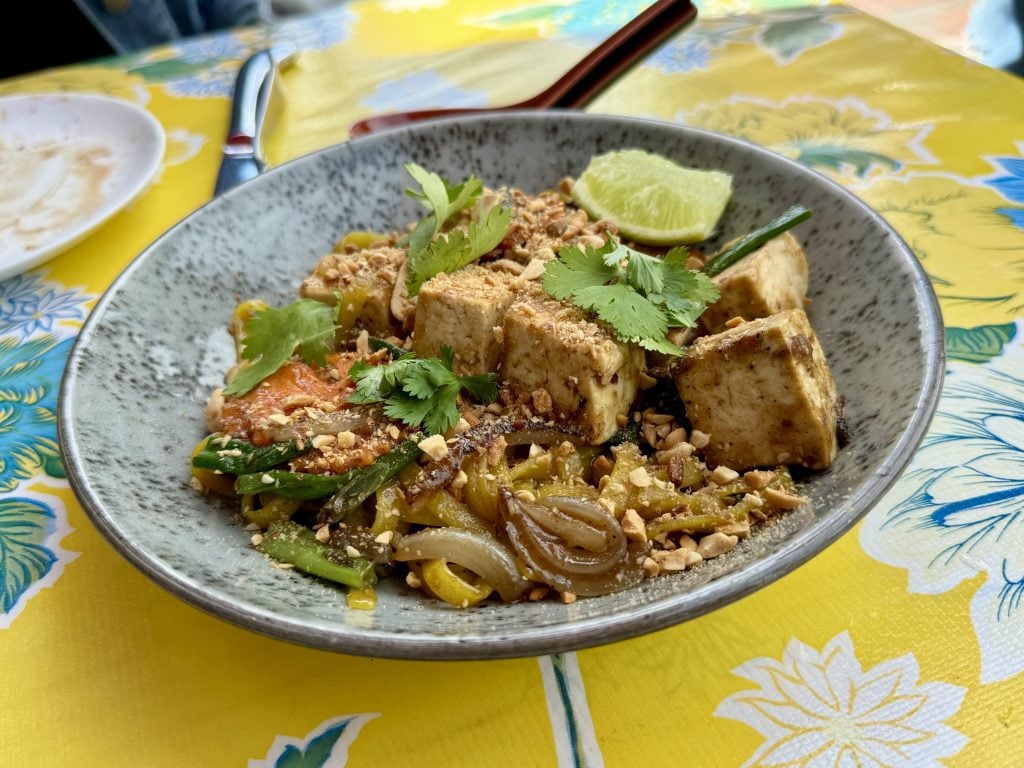 A big dish of Asian-style tofu and noodles.