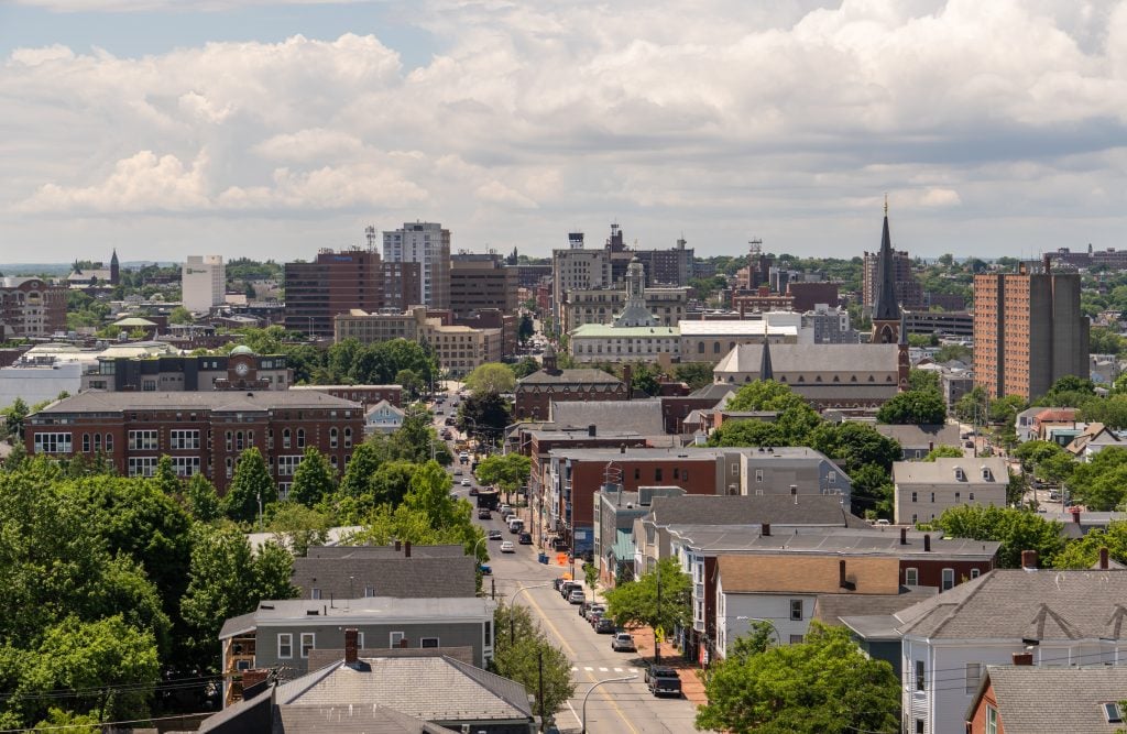 A skyline view of Portland, with minimal skyscrapers but lots of trees and brick buildings.