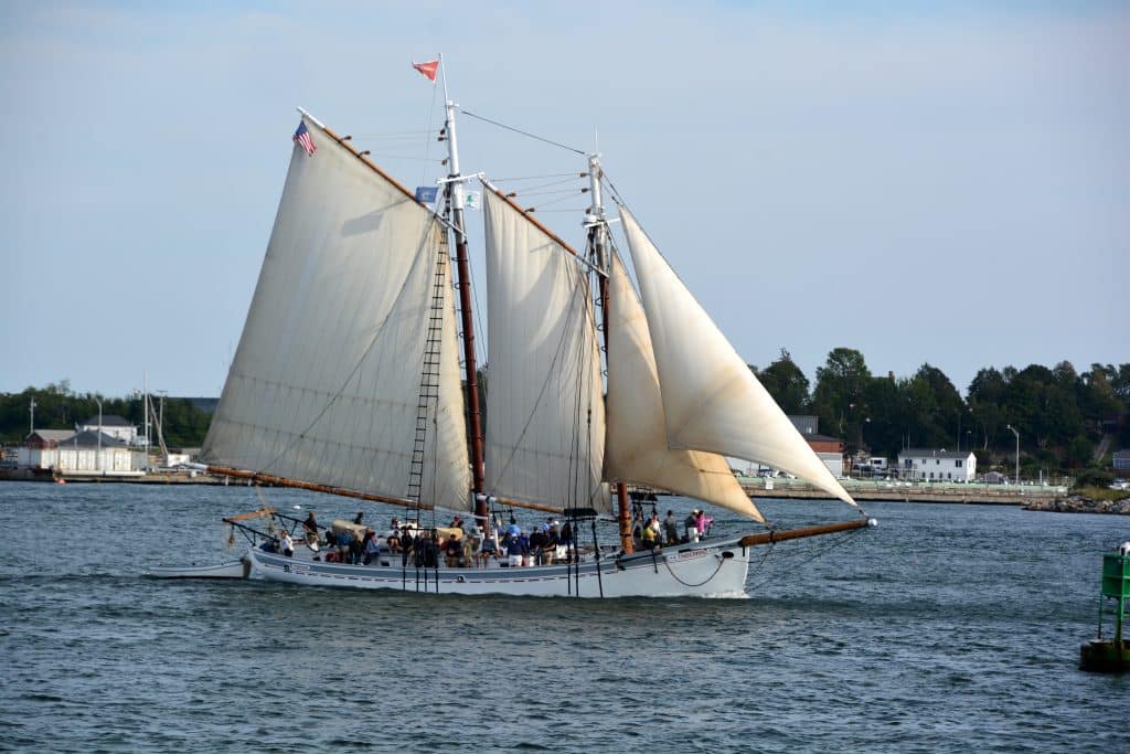 A huge windjammer boat with big sails in Portland's harbor.