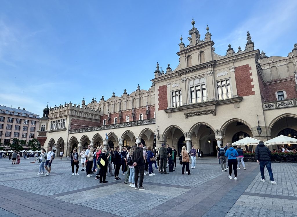 A crenellated old building in the main square of Krakow, Poland.
