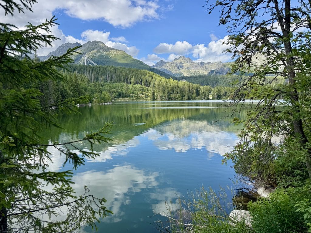Mountains and pine trees surrounding a placid blue lake, reflecting the sky's clouds.